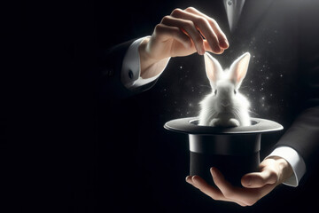A magician takes out a white rabbit from a black hat on a black background closeup. ai generative - obrazy, fototapety, plakaty