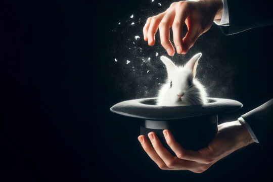 A magician takes out a white rabbit from a black hat on a black background closeup. ai generative