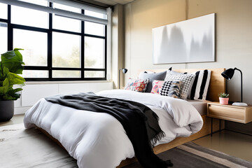Modern Bedroom with large window in Scandinavian style