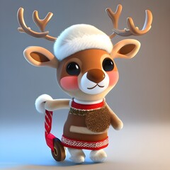 3D illustration of a cute reindeer character holding a gift box