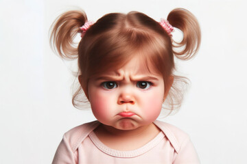 Angry disgruntled little baby girl Isolated on white background. ai generative