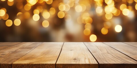 Wooden table on the background of blurred golden brilliant light. Product location - obrazy, fototapety, plakaty