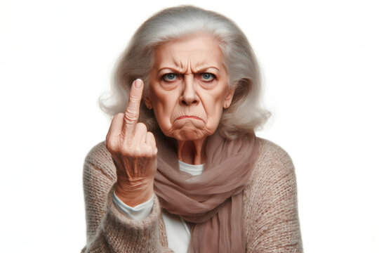 Angry disgruntled old woman Isolated on white background. ai generative