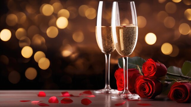 Celebrate love in style with an image featuring champagne and red roses with bokeh lights for Valentine's Day.