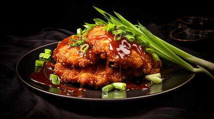 A black plate topped with two fried chicken patch