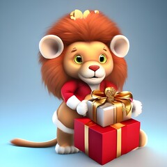 3D illustration of a cute lion character holding a gift box