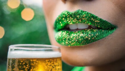 mulher com batom verde brilhante glitter copo de bebida - obrazy, fototapety, plakaty