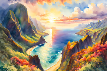 Watercolor painting of Na Pali Coast, Kauai, Hawaii at sunset
