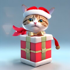 3D illustration of a cute cat character holding a gift box