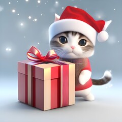 3D illustration of a cute cat character holding a gift box