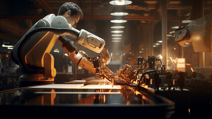 industrial robot working on metal production line.