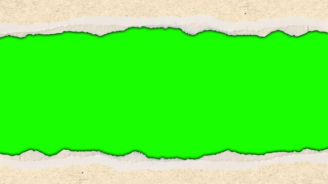 The torn paper transition animation is on a green background. Torn paper transition animation with key color. 4k video	