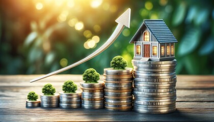 Rising financial arrow over coin stacks with a house on top, symbolizing investment, economic growth, and real estate market prosperity.