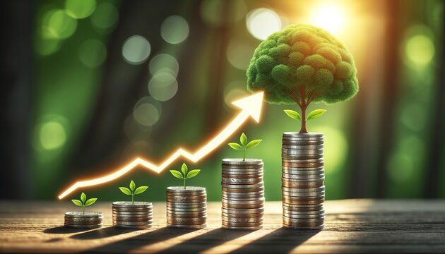 Financial growth concept with coin stacks and green tree under sunlight for economic success.