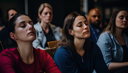A diverse group of women sitting next to each other, engaged in participating in a stress management