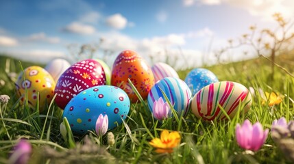 Fototapeta na wymiar joy of Easter with an image featuring colorful eggs lying on the meadow.