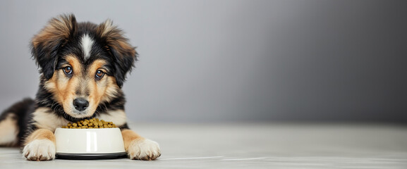  puppy eating from a bowl on a spacious wooden floor, looking at camera, banner with copyspace for text.