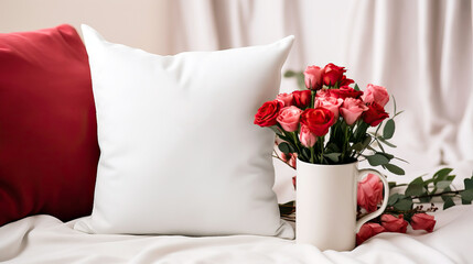 Valentine's day mockup with white pillow and a cup with red flowers