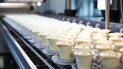 Automatic production line of ice cream. Dairy products manufacturing line. Industrial equipment at food factory.

