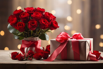 Valentine's present with gift box and rose bouquet