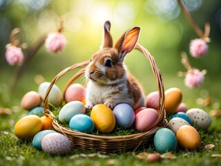  a domestic rabbit sitting in a basket filled with colorful Easter eggs