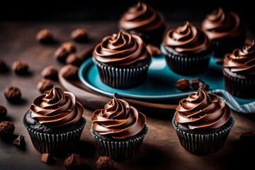chocolate cupcakes with icing - obrazy, fototapety, plakaty