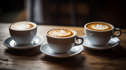 The image features three cups of coffee with artistic foam designs on a wooden table.
