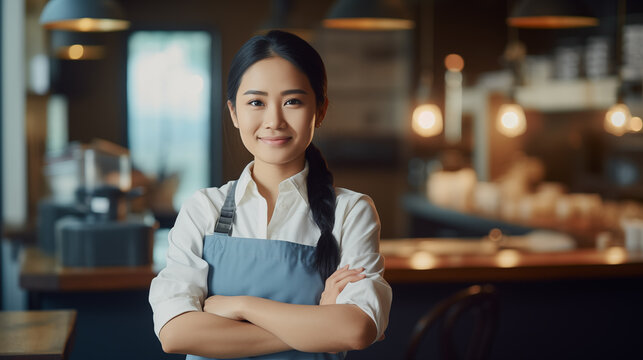 The image features a young Asian woman with a braid, wearing a blue apron, and standing confidently in a restaurant kitchen.