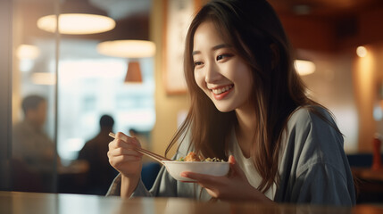 The image depicts a young Asian woman smiling while eating with chopsticks in a restaurant.