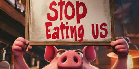 Witziges Schwein Cartoons mit Hinweisschild bitte nicht essen, ai generativ
