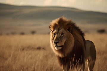 Large male lion king in African savannah