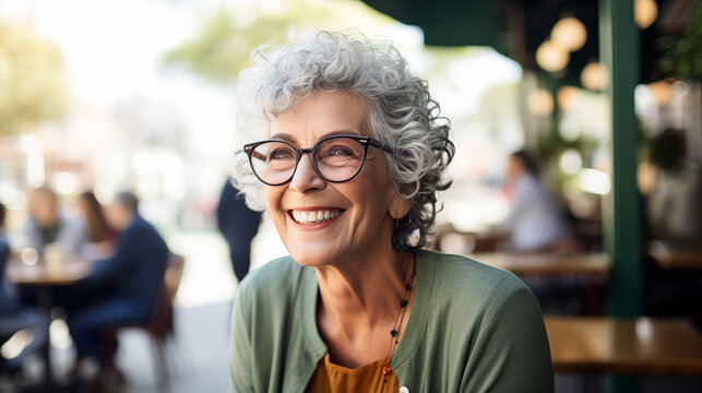 The image shows an elderly woman with curly gray hair, wearing glasses and smiling in a café setting.