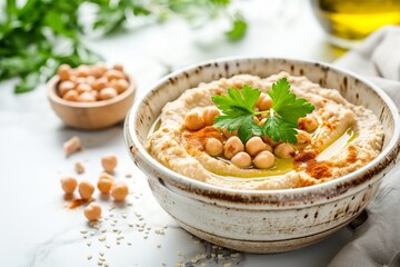 Fototapeta na wymiar Traditional hummus from chickpea beans with oil in a bowl on white marble background with copy space