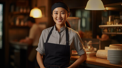 Fototapeta premium The image showcases a cheerful young Asian female chef in a professional kitchen environment.
