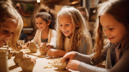 The image features young girls engaging in pottery in a well-lit, creative workshop environment. - obrazy, fototapety, plakaty