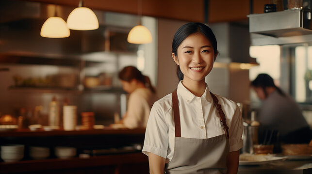 The image showcases a cheerful young Asian female chef in a professional kitchen environment.