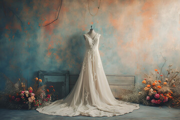 Wedding dress on vintage wall 