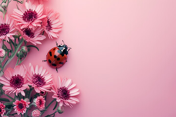 Ladybug and pink flower on pink backround