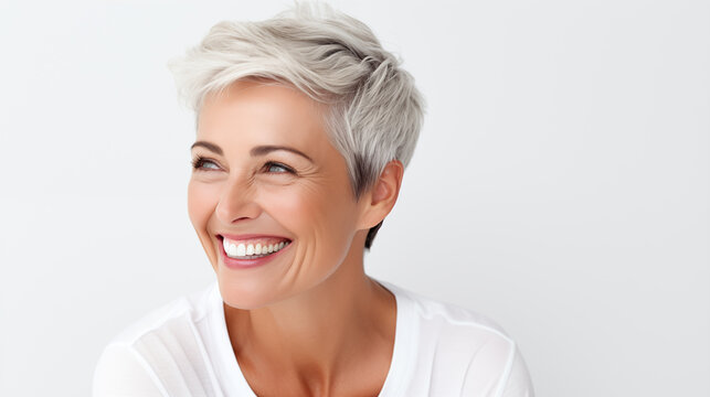 The image features a joyful woman with short silver hair, wearing a white top, exuding positivity and vitality.