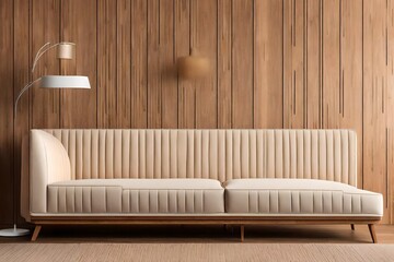Stylish creamy color sofa with wooden wall.