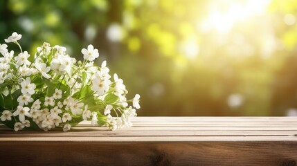 freshness of spring with an image of a wooden table adorned with white flowers and sunbeams.