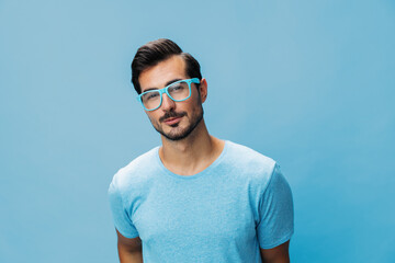 Man portrait style blue beard fashion trendy smile modern background glasses lifestyle