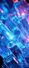 Close-up of vibrant blue and purple crystals, sparkling against a dark background. This captivating display of crystal cubes and blocks.