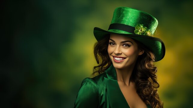 festive spirit with an image of a beautiful smiling woman wearing a green hat on St. Patrick's Day.