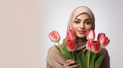 celebration of diversity and empowerment with an image of a Muslim woman holding tulips and a gift box on a light background, celebrating International Women's Day.