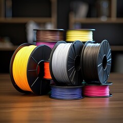 Rolls of colorful 3d printing plastic filament spools  on a wooden table - obrazy, fototapety, plakaty