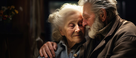 Obraz premium Charming image of elderly grandparents hugging and enjoying each other's company.