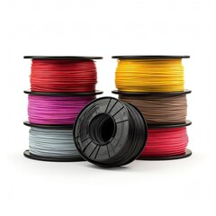 Rolls of colorful 3d printing plastic filament spools isolated on white background
