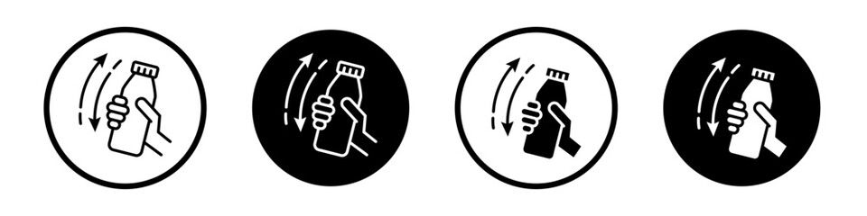 Shake well icon set. Shake bottle before drink vector symbol in a black filled and outlined style. Juice bottle shake with hand sign. - obrazy, fototapety, plakaty