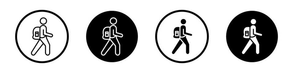 Man with backpack icon set. Tourist Trip travel bag vector symbol in a black filled and outlined style. Hitchhiker with bagpack sign. - obrazy, fototapety, plakaty